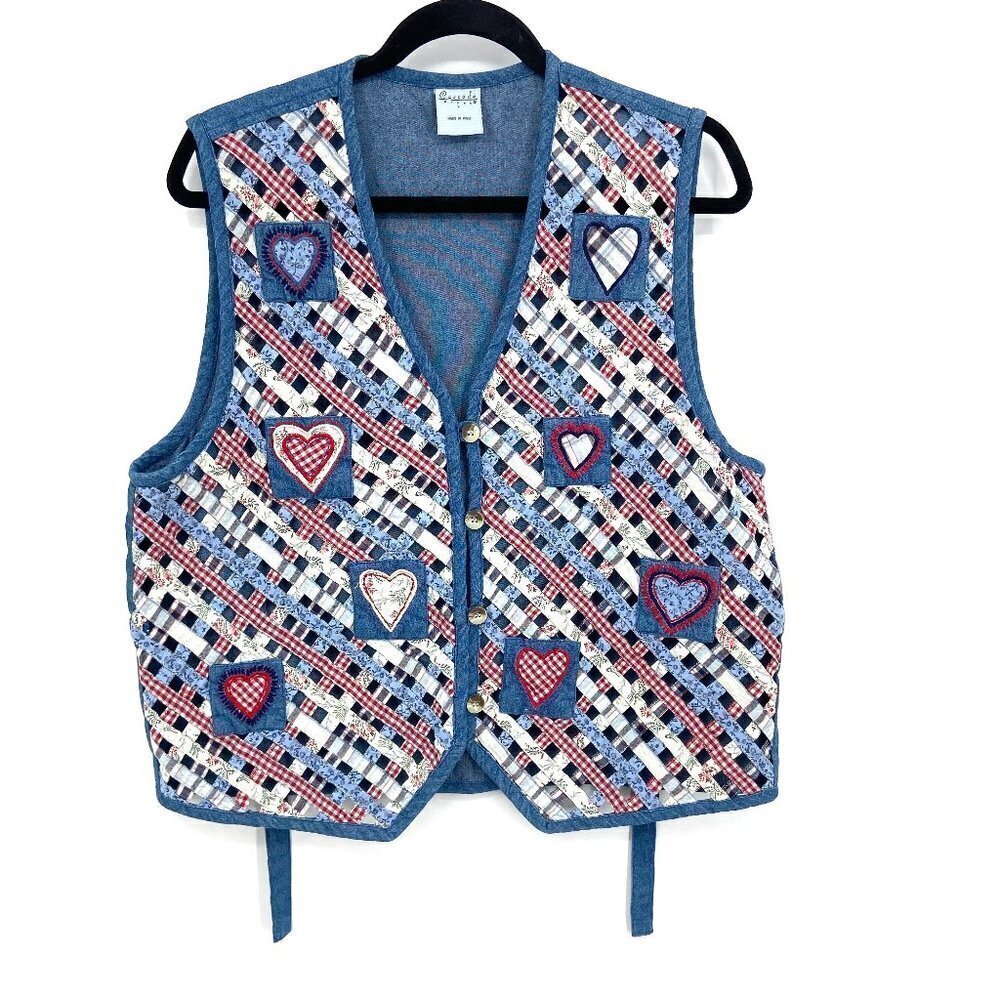 CASCADE BLUES Vintage Open Woven Button Up Red White Blue Heart Patchwork Vest L